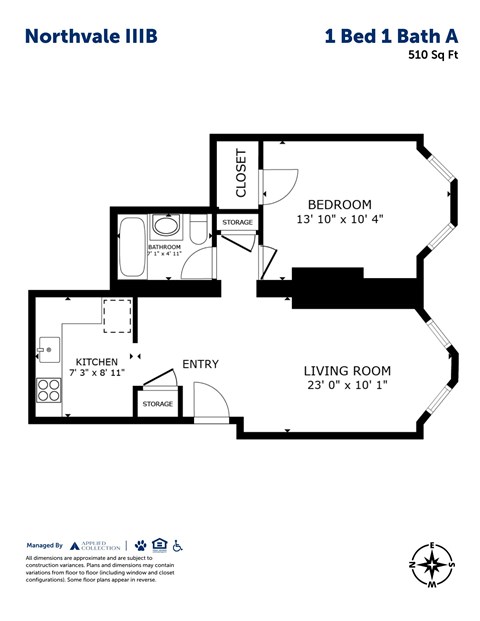 Floor plan for 1 bed, 1 bath, 510 sqft